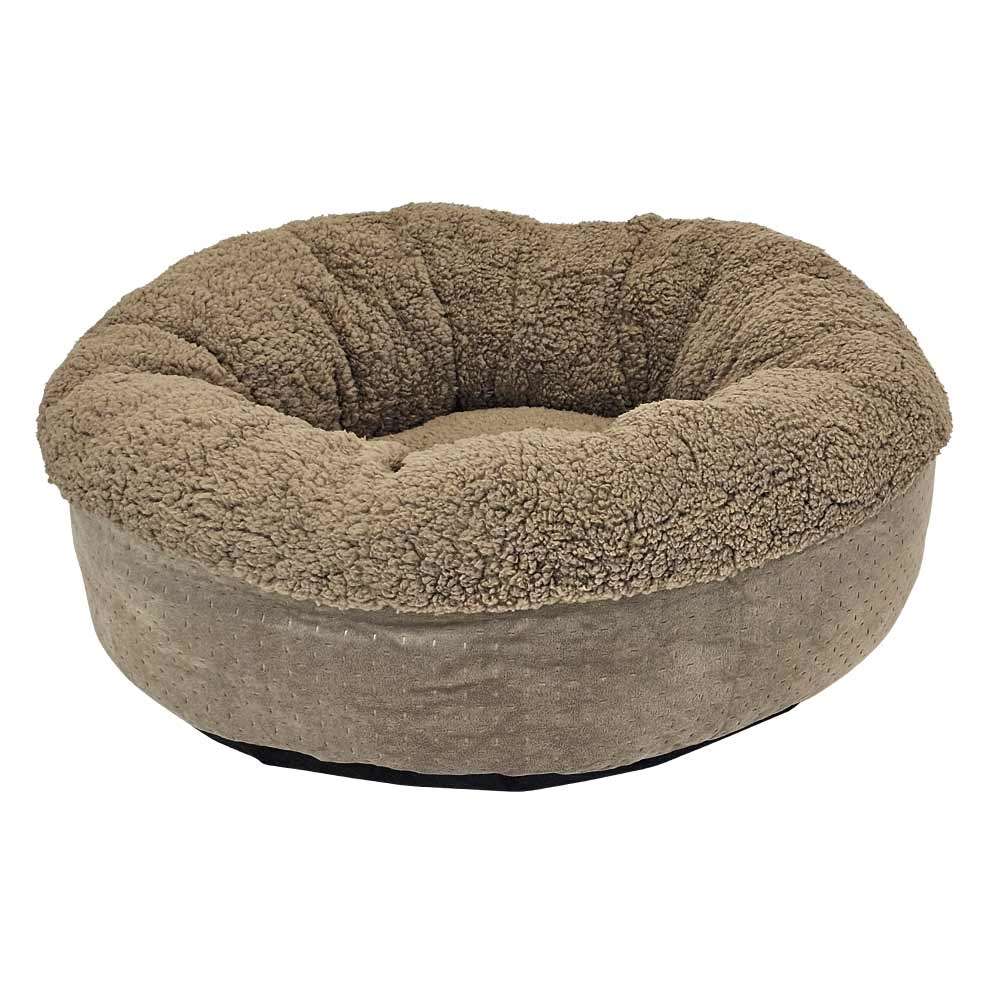 Komfortables rundes Hundebett "TEDDY" in hellbraunem Plüsch und schwarzem Unterteil, ideal für entspannte Haustiere.