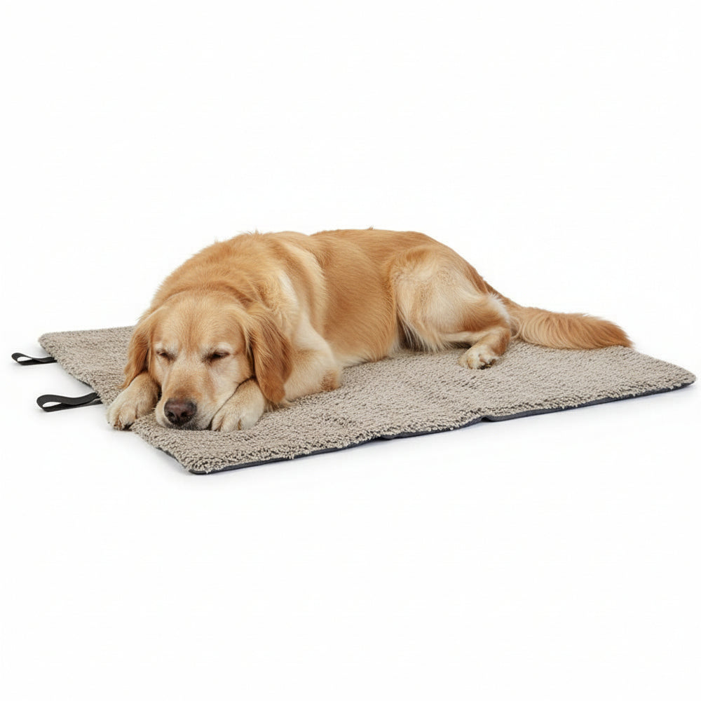 Schlafender Hund auf beiger, strukturierter Hundematte "TEDDY" mit dunklen Rändern, entspannt und gemütlich.