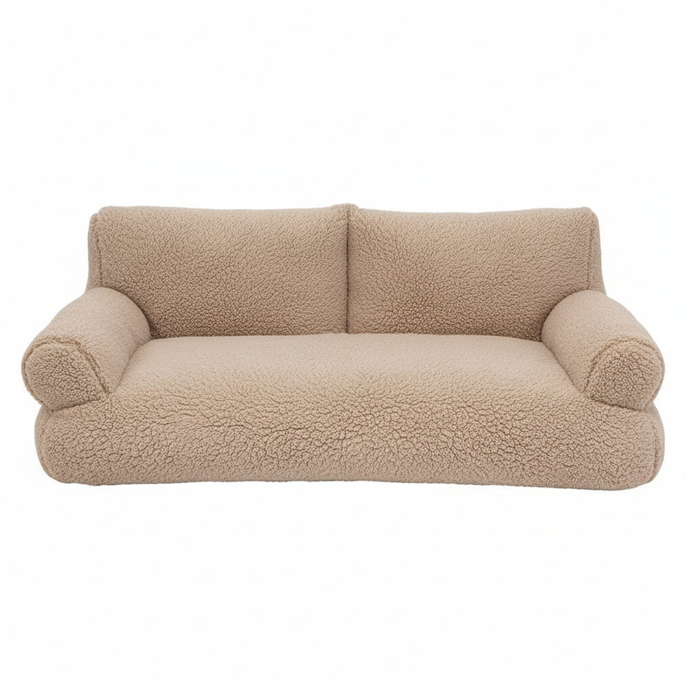Bequemes Plüschsofa "TEDDY" in beige mit breiten Armlehnen und niedriger Rückenlehne für modernes, gemütliches Wohnen.