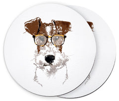 Runde Untersetzer mit stilisiertem Fox Terrier Porträt, braun-weiß und Brille. Perfekt für Tierliebhaber und stilvolles Zuhause.