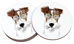 Runde Untersetzer mit Fox Terrier Motiv, Brille tragend, braun-weißes Fell - ideal als Tischschutz und dekoratives Accessoire.