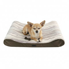 Kleiner Hund schläft friedlich auf beiger Komfort Relaxmatte "SORIN" mit gestreiftem Bezug und Spielzeug.