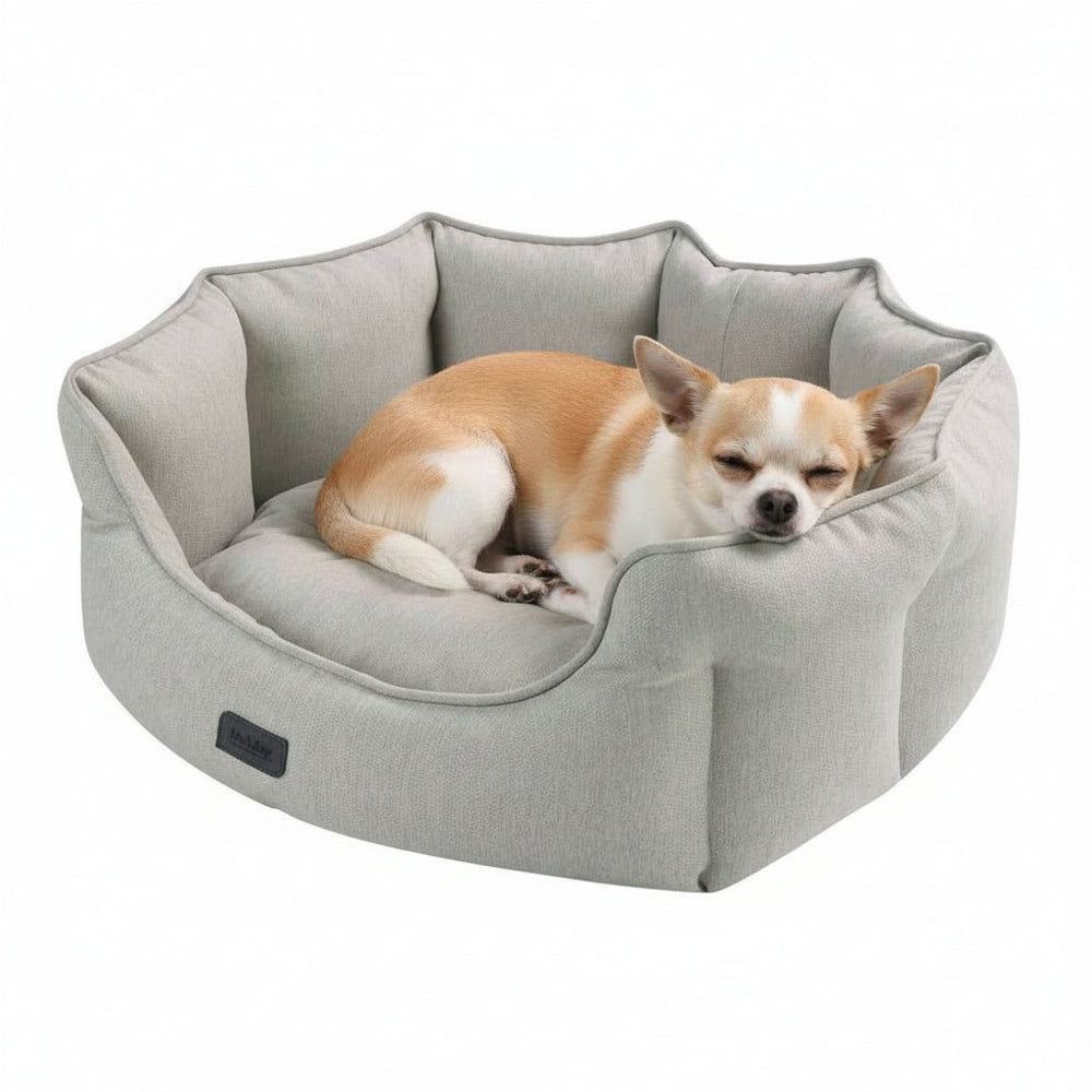 Hundefreundliches ovales Bett "VALEA" in hellem Grau, weich gepolstert und blütenförmig gestaltet, ideal für kleine Hunde.