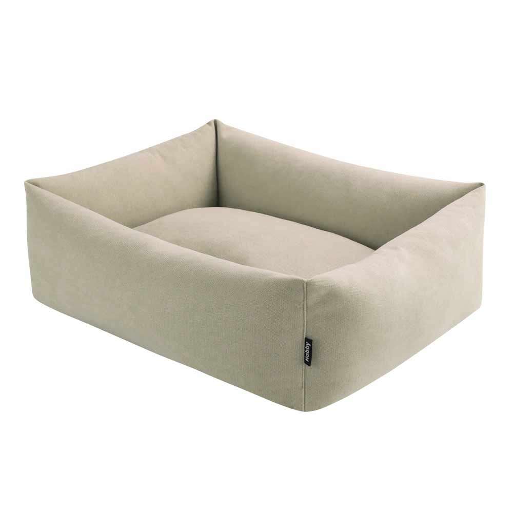 "Hundebett NELU in rechteckiger Form mit hohen, gepolsterten Wänden und neutraler Beige-Farbgebung."