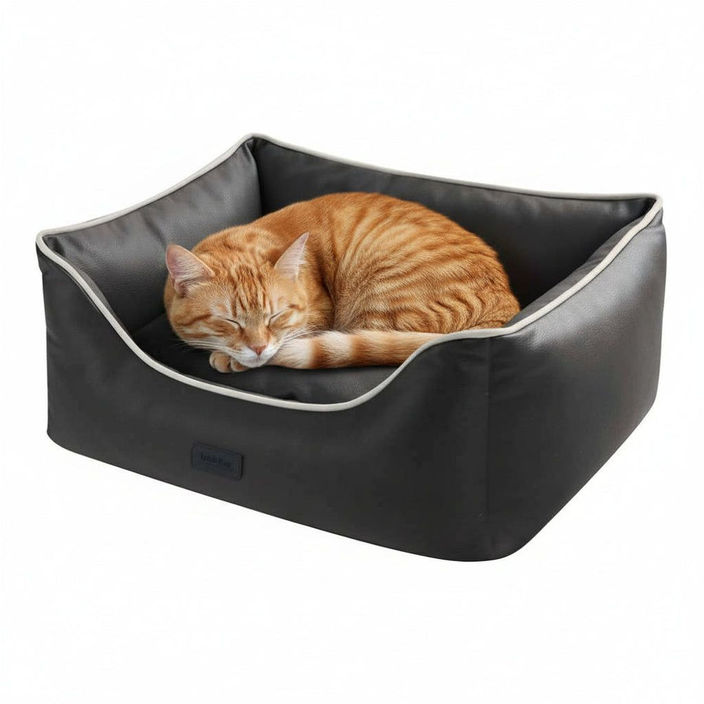 Schwarzes Katzenbett "HORIA" mit hoher Rückenlehne, darin schläft eine orangefarbene Katze gemütlich zusammengerollt.