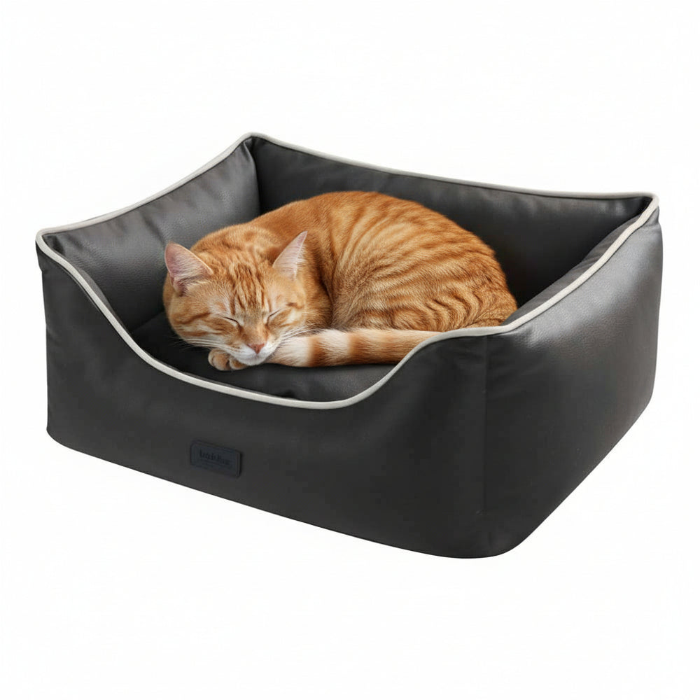 Schwarzes Katzenbett "HORIA" mit hoher Rückenlehne, darin schläft eine orangefarbene Katze gemütlich zusammengerollt.