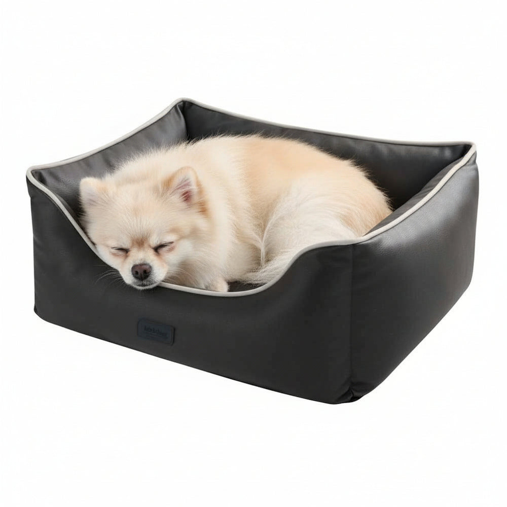 Hund liegt entspannt in rechteckigem Komfortbett "HORIA" mit schwarzem Außenmaterial und hellem Innenfutter.