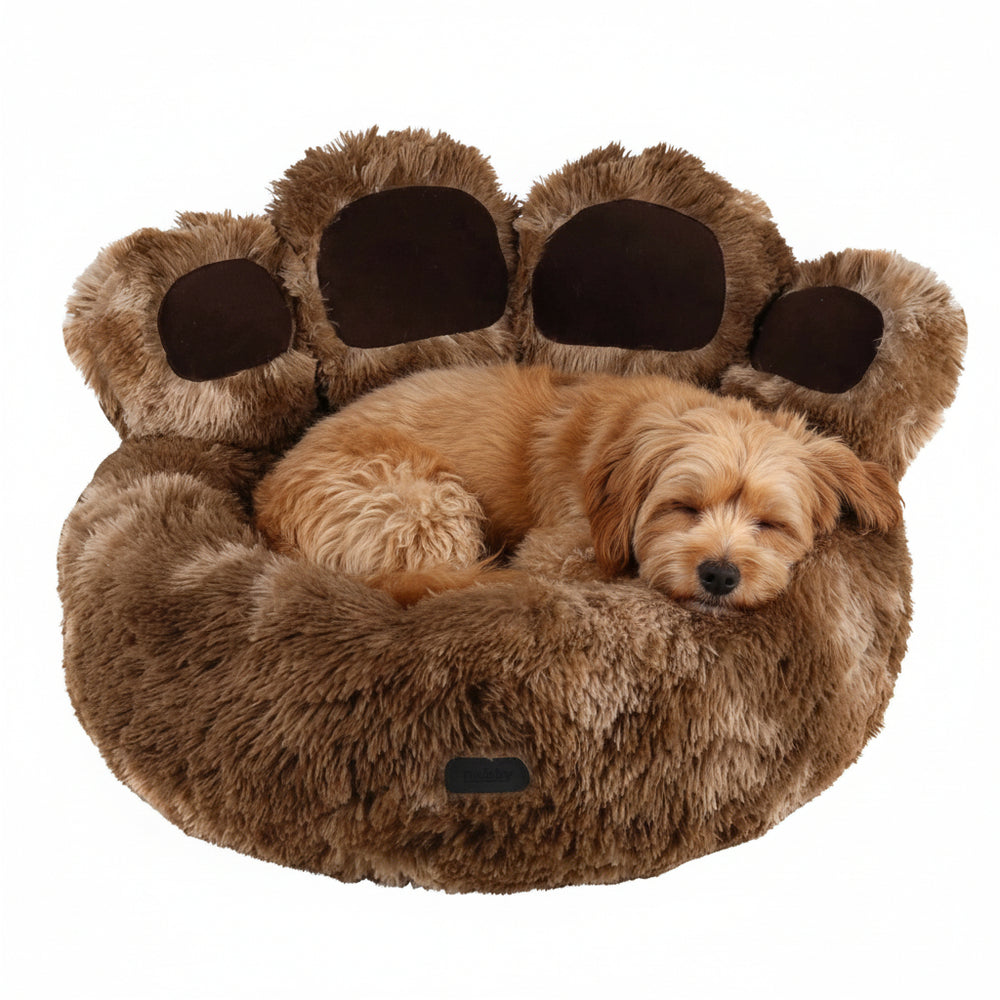 Komfortbett "Paw" für Hunde in Pfotenform, braune weiche Oberfläche mit dunklen Akzenten, ideal zum Kuscheln.