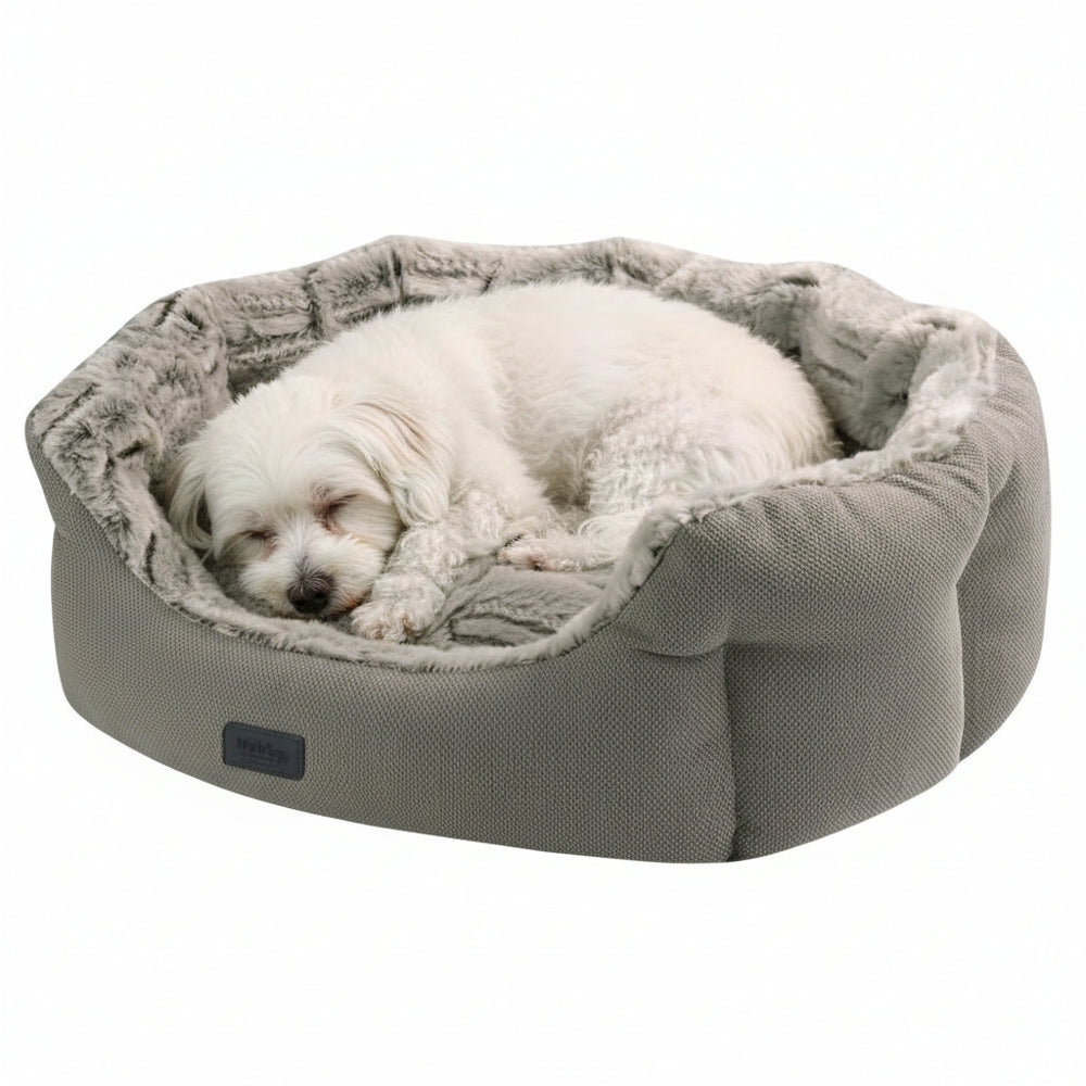 Gemütliches ovales Hundebett "CACHO" in Grau mit weichem Innenfutter, ein kleiner Hund schläft entspannt darin.