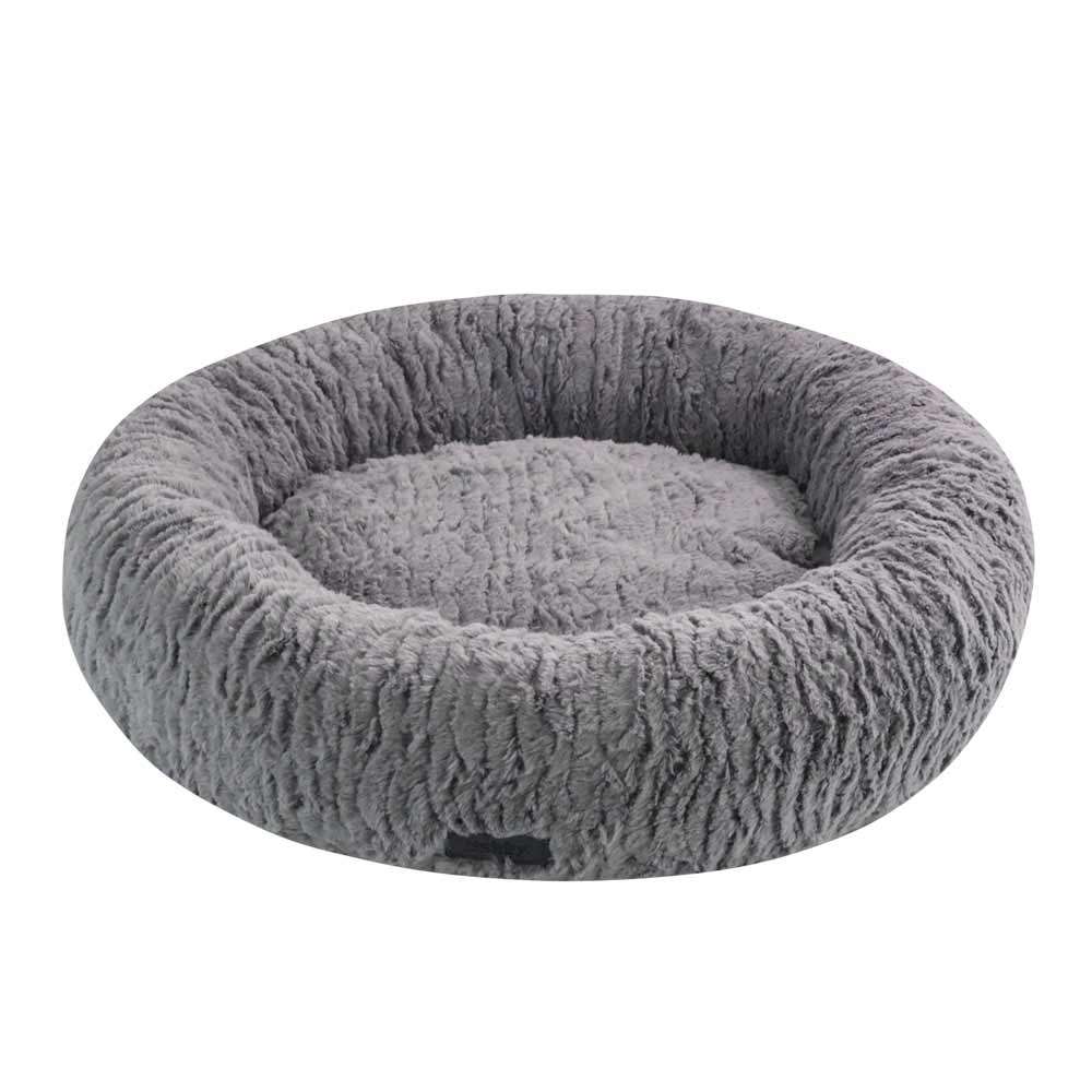 Komfortbett Donut "NOVA": Rundes, graues Haustierbett mit plüschiger Oberfläche und erhöhten Rändern für optimalen Komfort.