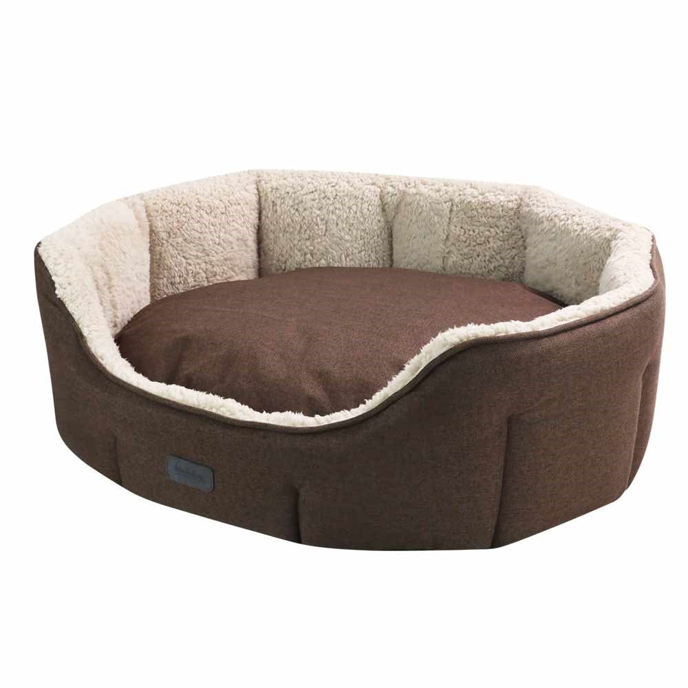 Hundefreundliches ovales Komfortbett "LICA" in Dunkelbraun mit weichem Fleece-Innenrand und gepolsterter Liegefläche.