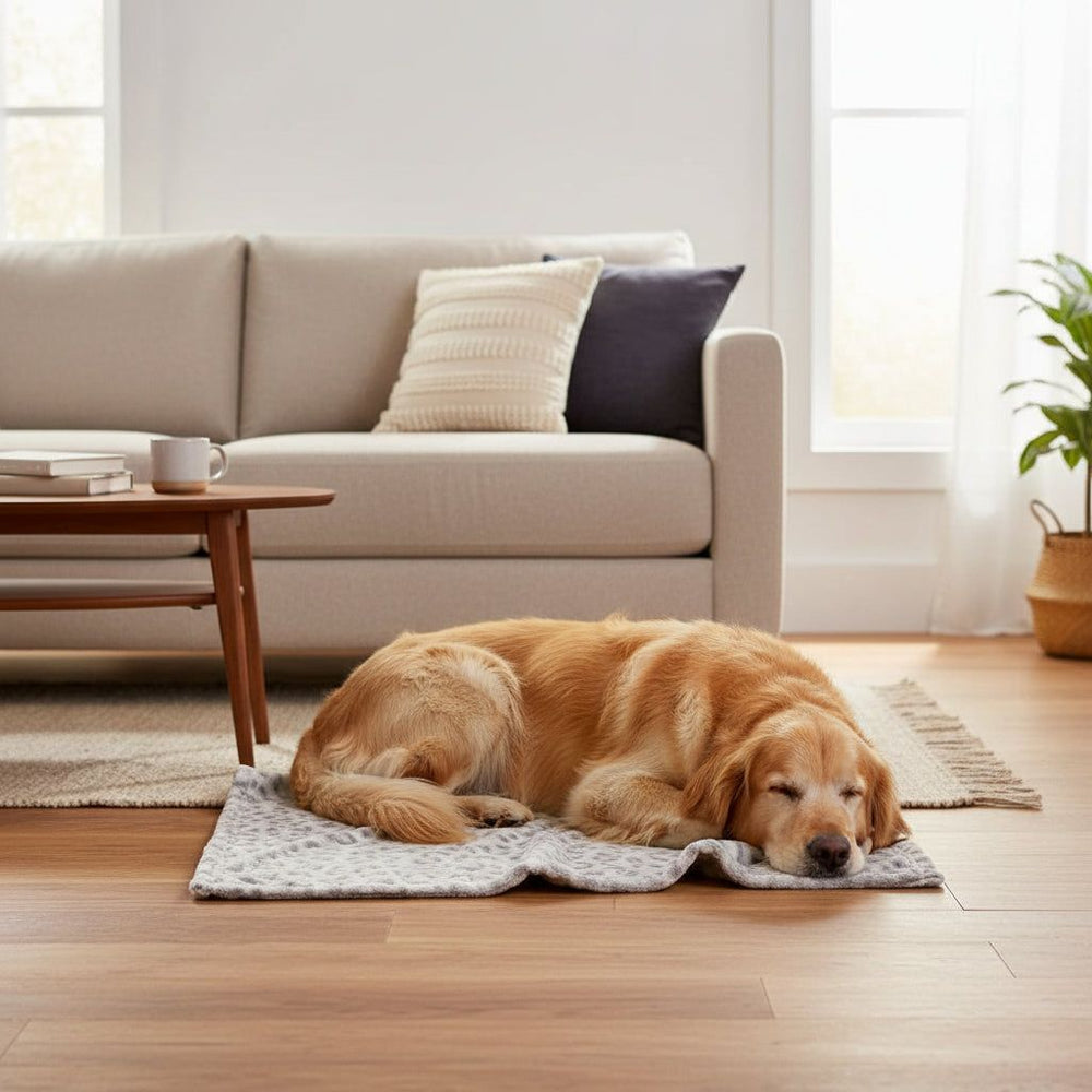 Golden Retriever schläft entspannt auf grauer Fleece Plaid "LORIK" in hellem Wohnraum mit Sofa und Pflanze.