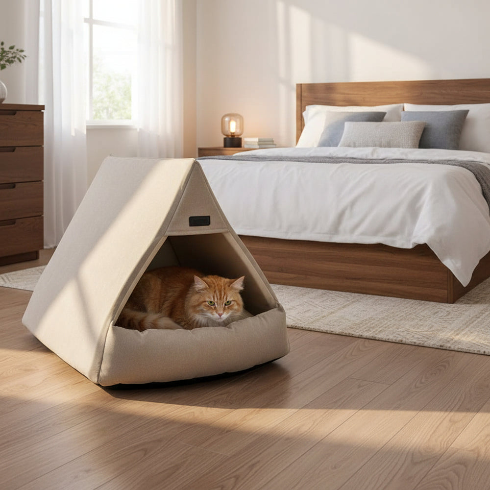 Gemütliches Katzenhaus in Zeltform mit orangefarbener Katze, umgeben von einem Schlafzimmer mit Bett und Nachttischlampe.