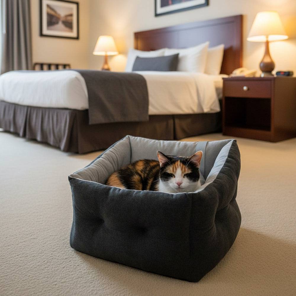 Gemütliches Hotelzimmer mit Katze im grauen Korb und Taschenlampe auf Nachttisch. Ideal für entspannte Nächte.