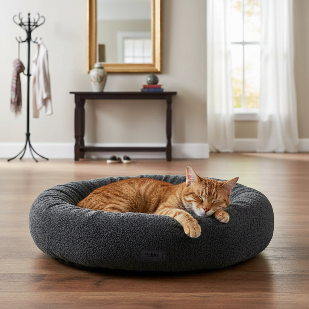 Katze schläft gemütlich in rundem grauen Komfortbett "JELLA" in hellem Zimmer mit Tisch und Spiegel.