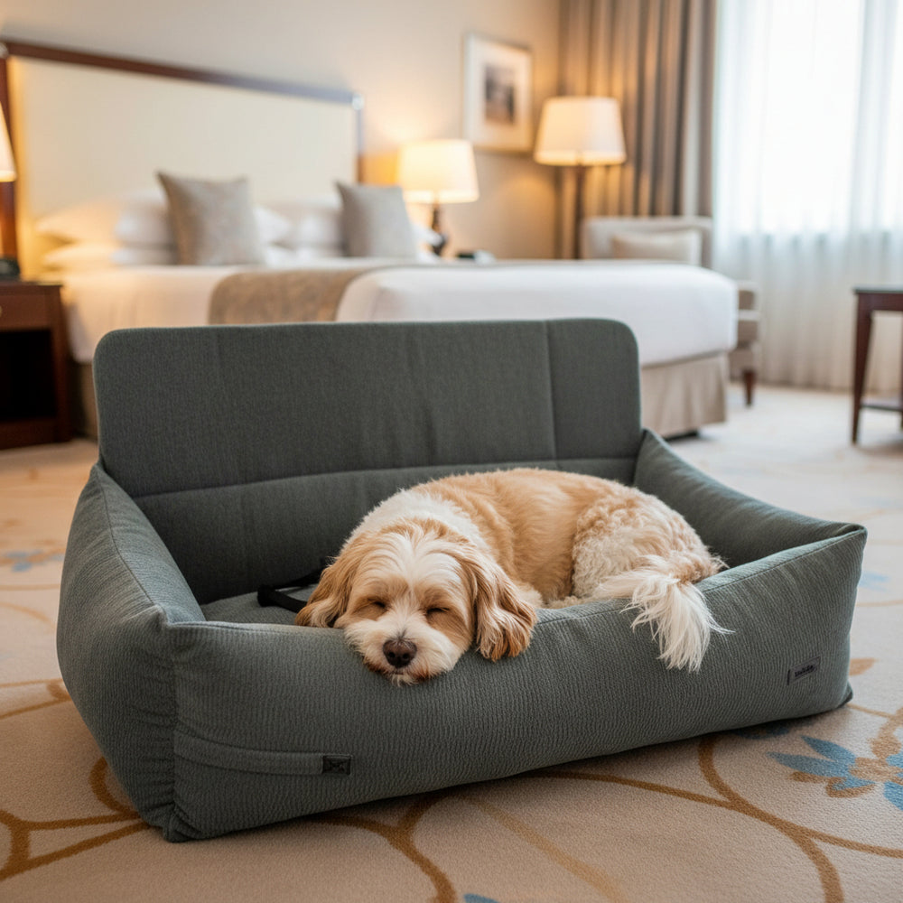 Hund entspannt im grauen Reisebett LEVIO in stilvollem Hotelzimmer mit erhöhtem Kopfteil.