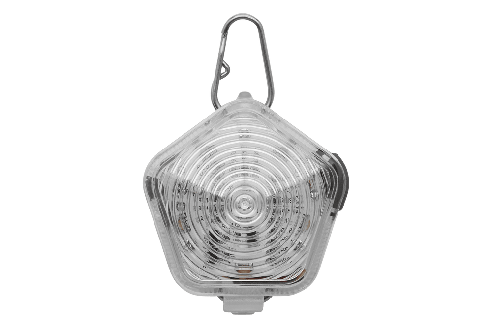 Sechseckiges Beacon™ Hunde-Sicherheitslicht aus transparentem Kunststoff mit Aufhänger und reflektierender Oberfläche.