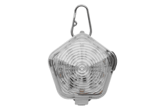 Sechseckiges Beacon™ Hunde-Sicherheitslicht aus transparentem Kunststoff mit Aufhänger und reflektierender Oberfläche.