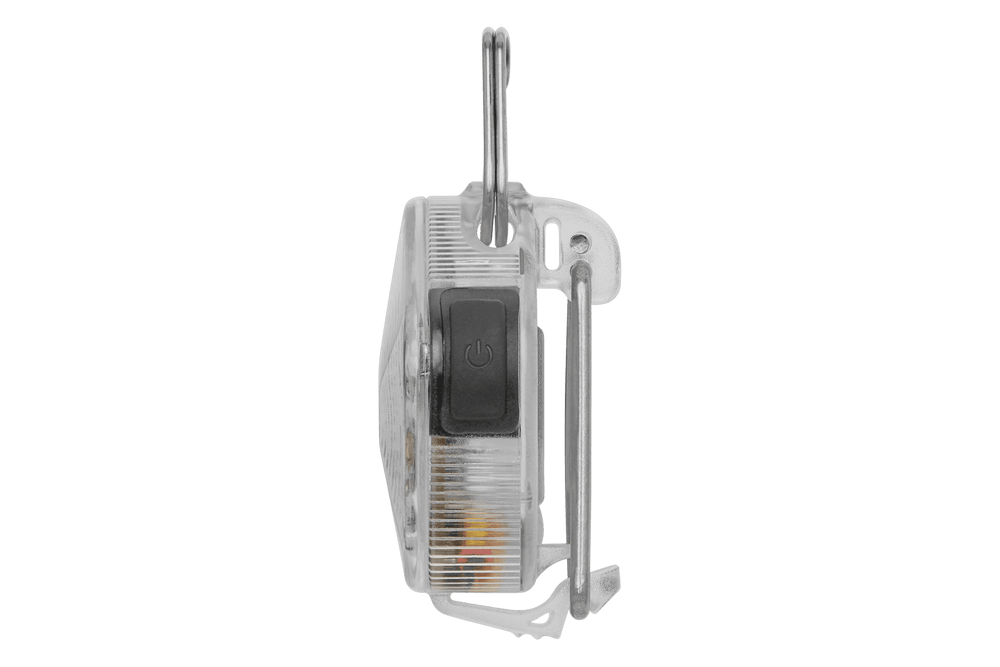 "Beacon™ Hunde-Sicherheitslicht in rundem, transparentem Design mit Haken und schwarzem Einschaltknopf."