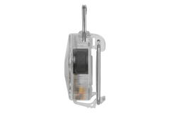 "Beacon™ Hunde-Sicherheitslicht in rundem, transparentem Design mit Haken und schwarzem Einschaltknopf."