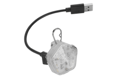 Kleine tragbare LED-Lampe Beacon™ für Hunde mit Clip und USB-Kabel in transparentem Design.