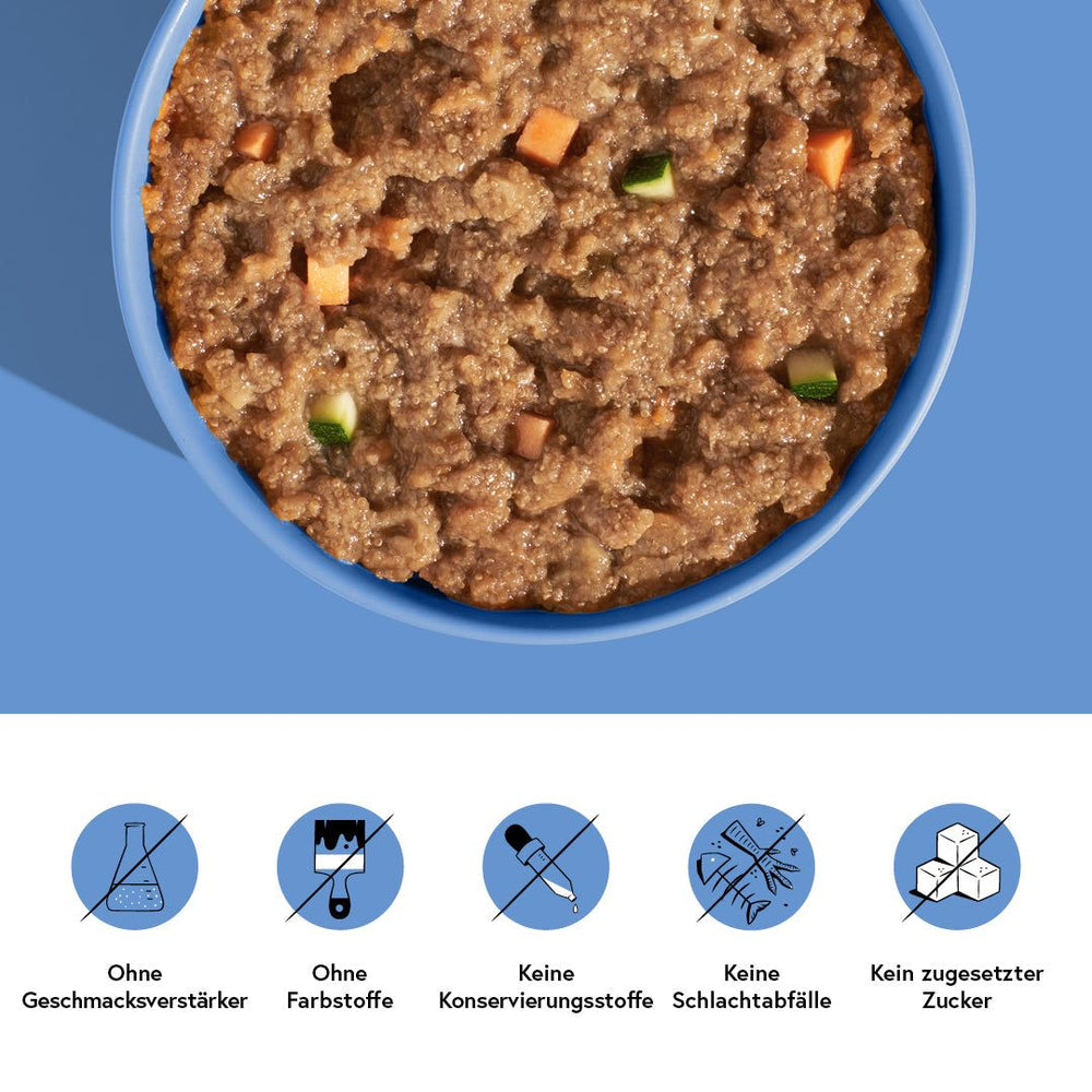 Schüssel mit FRED Buntbarsch, einer braunen Speise mit Karotten und grüner Paprika, gesund und lecker.
