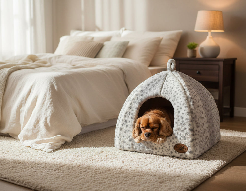 Gemütliche Hundehütte "ALANIS" in Zeltform, grau gepunktet, mit entspanntem Cavalier King Charles Spaniel.