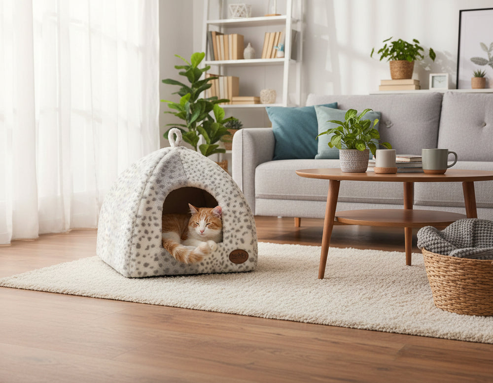 Gemütliche Katzenhöhle in Zeltform im Wohnzimmer mit entspannter orangefarbener Katze und grauem Sofa im Hintergrund.