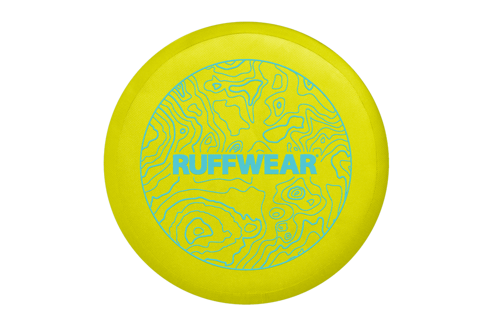 Frisbeescheibe für Hunde in leuchtendem Gelb mit blauem "RUFFWEAR"-Logo und wabenartigem Muster. Ideal für Spiel und Spaß.