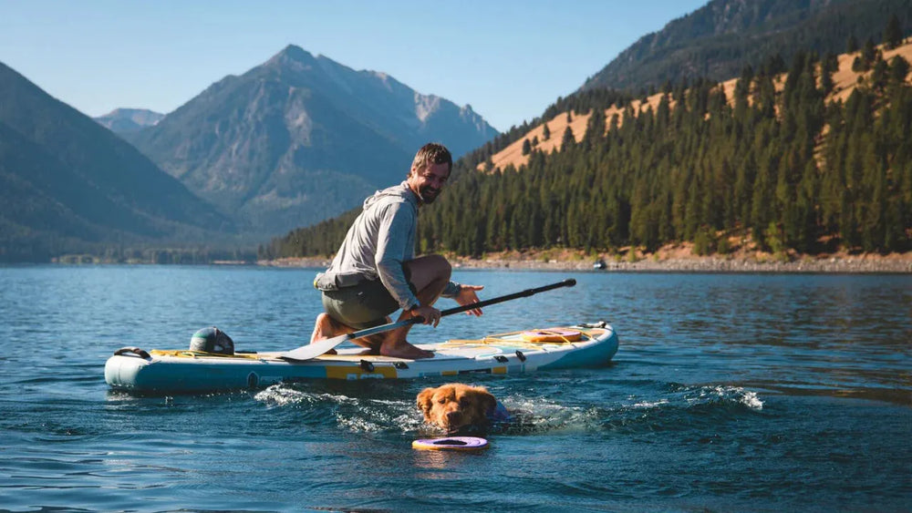 Mann auf SUP mit Hund im Wasser, der Hydro Plane™ Frisbee-Spielkreis trägt, idyllische Szenerie.
