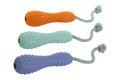 "Farbenfrohes Gourdo™ Gummi-Wurfspielzeug für Hunde in Orange, Mintgrün und Lila mit Noppen und Seil."