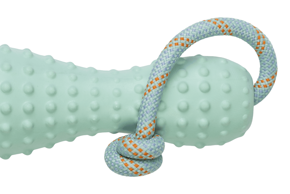 Gourdo™ Gummi-Wurfspielzeug für Hunde in grün mit Noppen und geflochtenem Seilring für interaktiven Spielspaß.