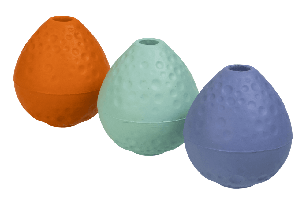Buntes Turnup™ Gummi-Wurfspielzeug in Ei-Form, aus Silikon mit punktierten Erhebungen in orange, mintgrün und lila.