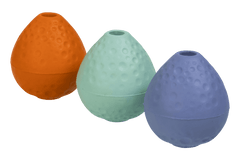 Buntes Turnup™ Gummi-Wurfspielzeug in Ei-Form, aus Silikon mit punktierten Erhebungen in orange, mintgrün und lila.