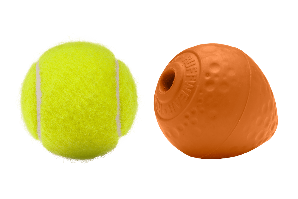 "Turnup™ Gummi-Wurfspielzeug: Gelber Tennisball und oranger Gummiball für langlebigen Spielspaß mit Haustieren."