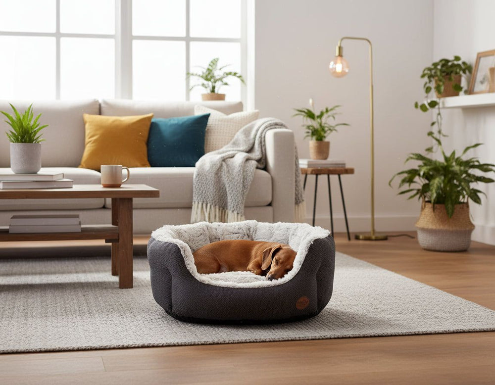 Gemütlicher Wohnraum mit schlafendem Hund im ovalen grauen Hundebett und einem Sofa im Hintergrund.