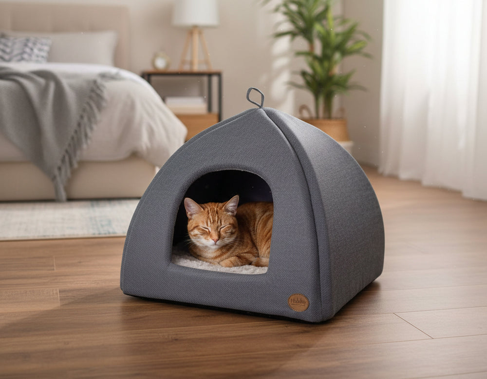 "Graue Katzenhöhle mit orangefarbener Katze, die entspannt schläft, in einem gemütlichen Zimmer."