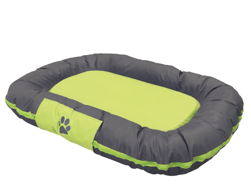 Rechteckiges Hundebett "RENO" mit grauer Außenhülle und grüner Liegefläche, seitlicher Pfotenabdruck.