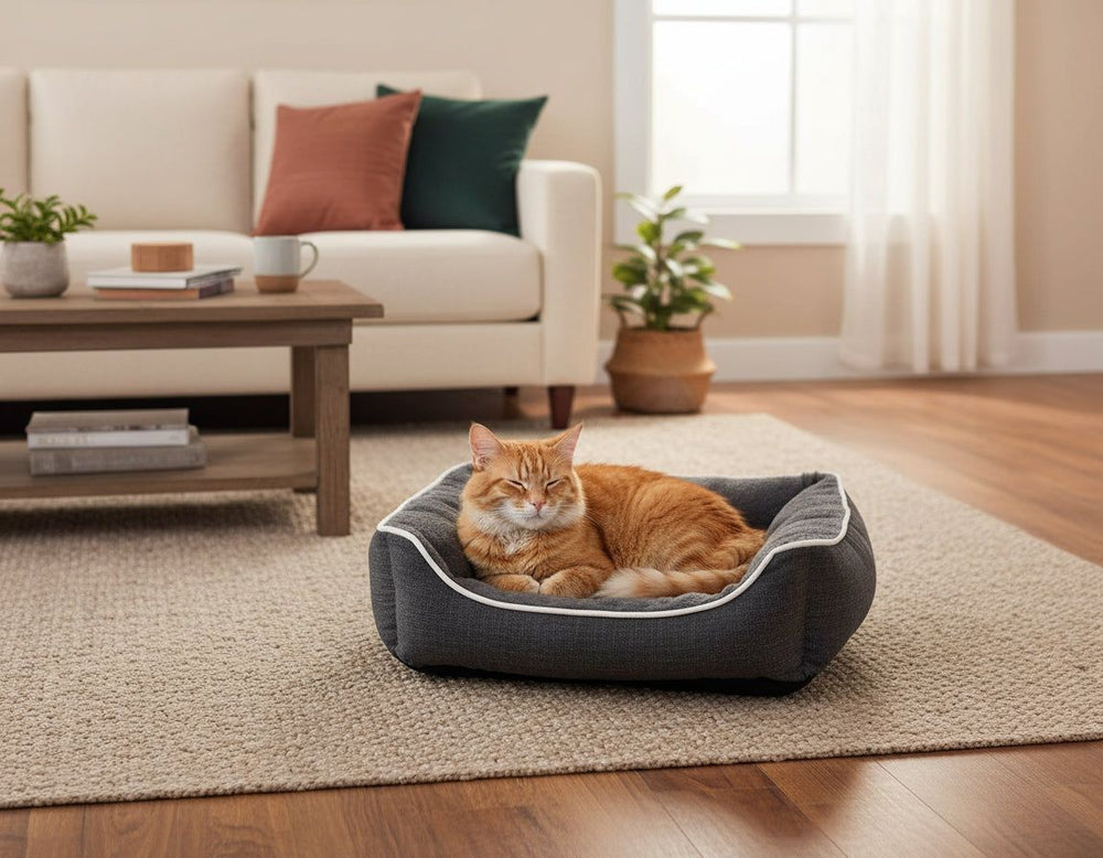 Orangefarbene Katze entspannt in grauem Komfortbett Classic "ARNO" in einem stilvollen Wohnraum mit Holzfußboden.