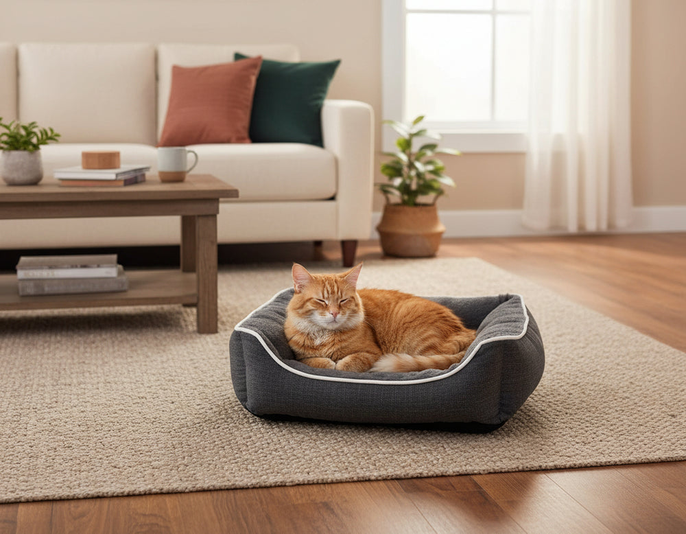 Orangefarbene Katze entspannt in grauem Komfortbett Classic "ARNO" in einem stilvollen Wohnraum mit Holzfußboden.