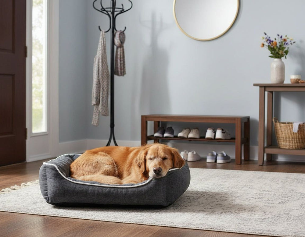 Schlafender Golden Retriever auf dem Komfortbett eckig Classic "ARNO" in einem hellen Raum mit Holzfußboden.