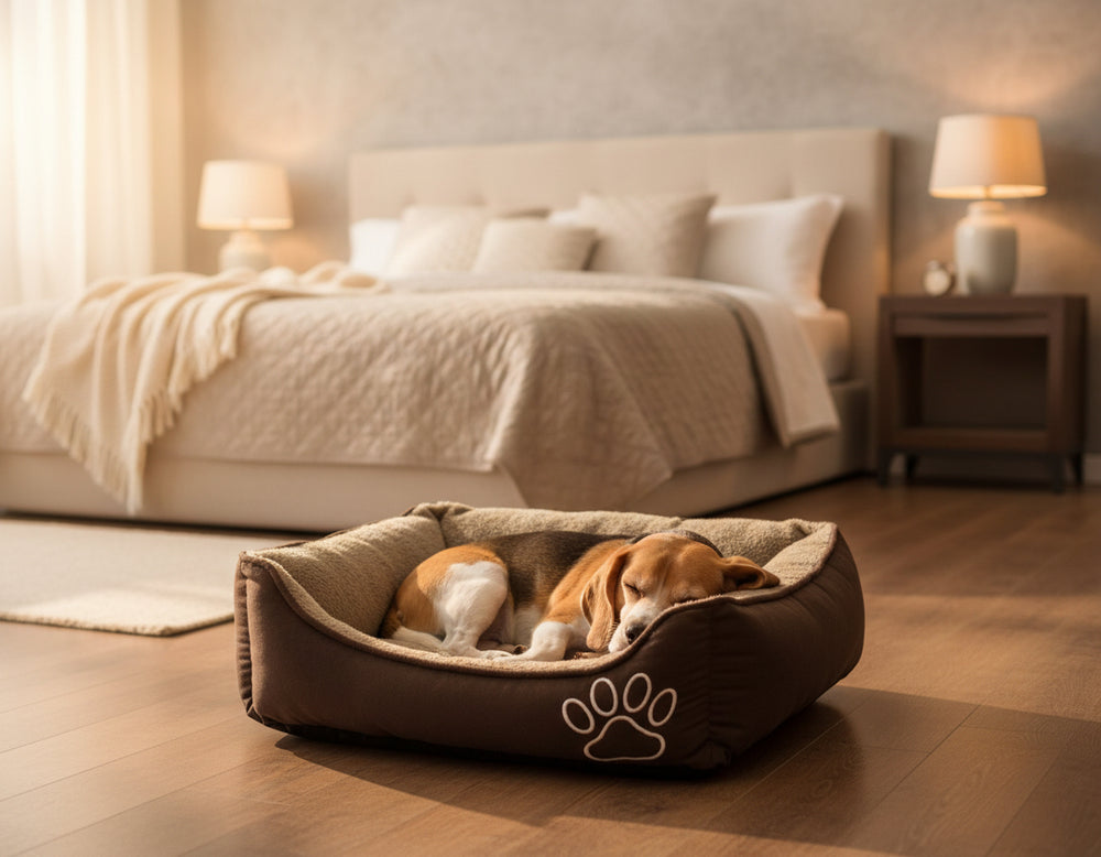 Schlafender Hund auf braunem Komfortbett MERO in gemütlichem Raum mit beige-weißem Bettzeug und Nachttischlampen.