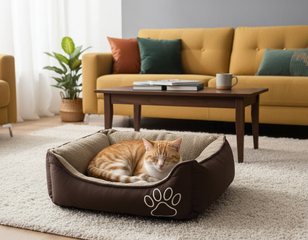 Gemütliches Wohnzimmer mit gelbem Sofa, niedrigem Tisch und orangefarbenem Kater im braunen Katzenbett auf hellem Teppich.