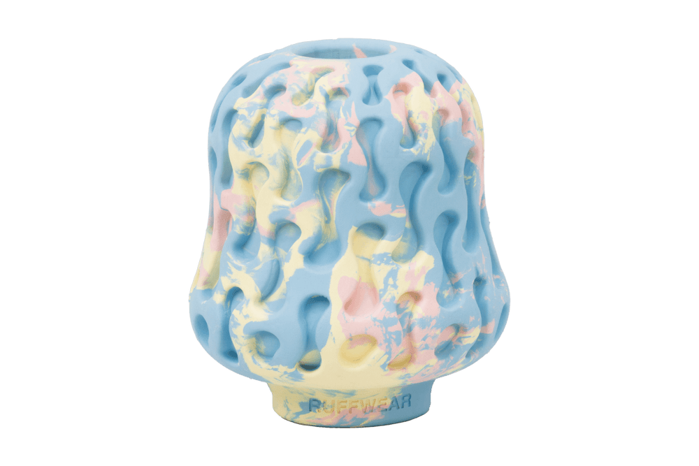Bunter Morel™ Hundespielzeug-Kegel aus Silikon in Blau, Gelb und Rosa mit strukturiertem Muster und Löchern für besseren Grip.