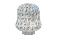 Dekorative Keramikvase in Weiß, Blau und Grau mit marbled Muster, unregelmäßige Struktur und breite Öffnung.