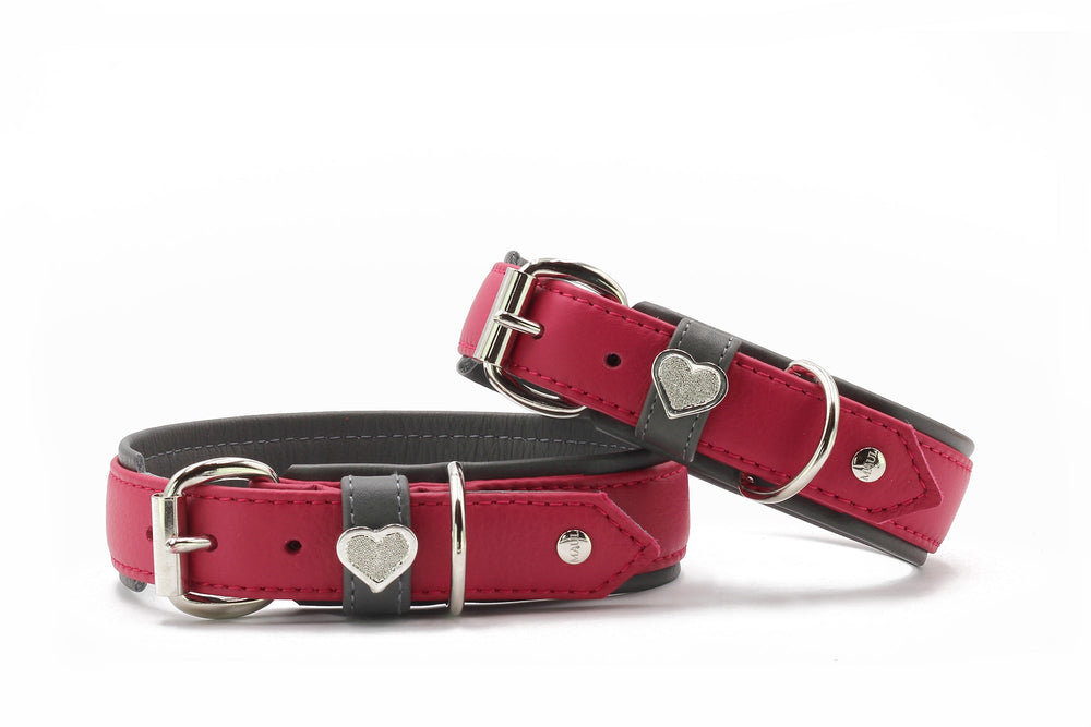 Halsband Spring Break: Zwei schlichte Lederhalsbänder in Rosa und Grau mit Herzapplikation und silberner Schnalle.