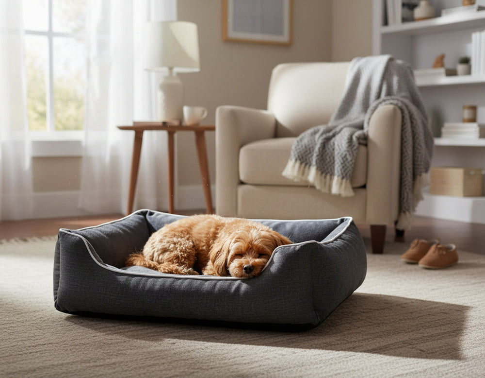 Kleiner, lockiger brauner Hund entspannt in grauem Komfortbett "Purus" in einem gemütlichen Raum.