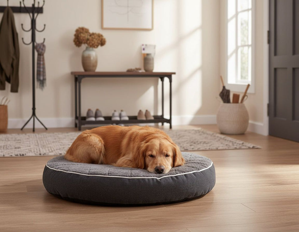 Goldener Retriever liegt entspannt auf rundem grauem orthopädischem Kissen "OSSO" in einem gemütlichen Raum.