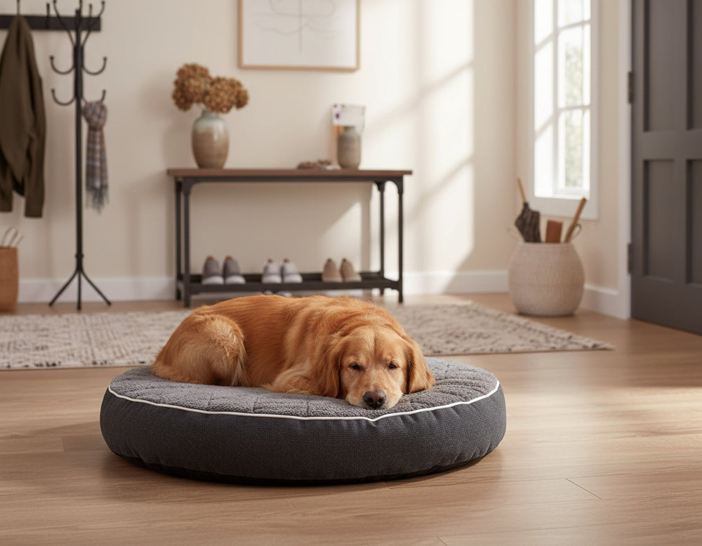 Goldener Retriever liegt entspannt auf rundem grauem orthopädischem Kissen "OSSO" in einem gemütlichen Raum.