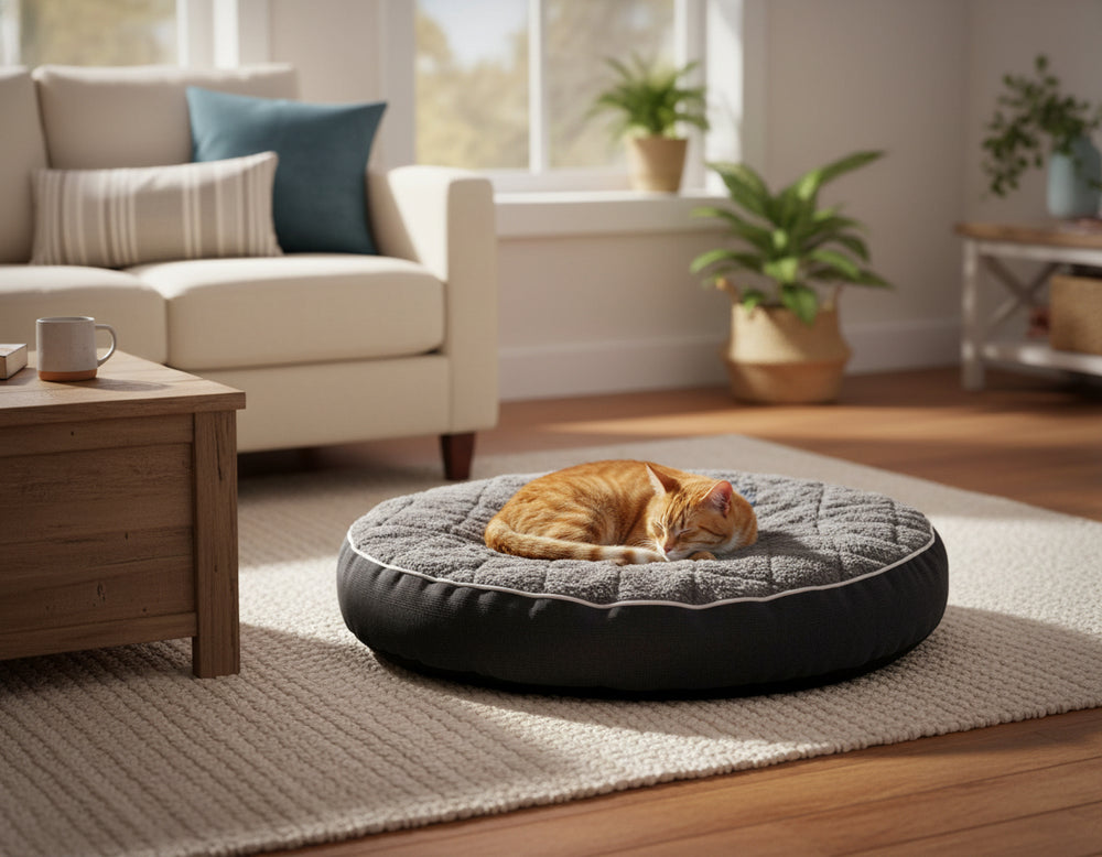 Orthopädisches Kissen "OSSO" in gemütlicher Wohnzimmereinrichtung mit orangefarbenem Kater im Katzenkorb.